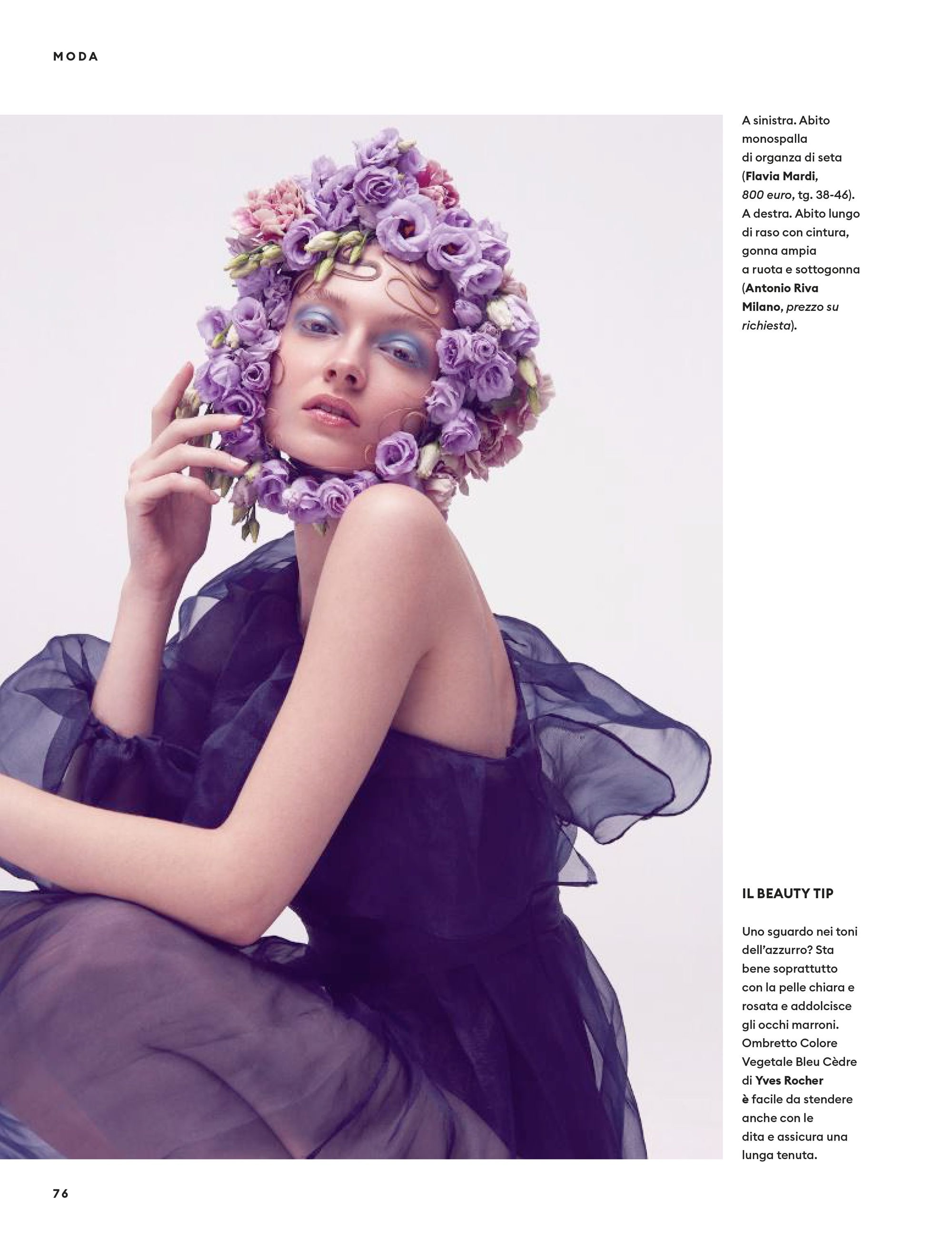 Magazine page: beauty editorial with a flower crown
