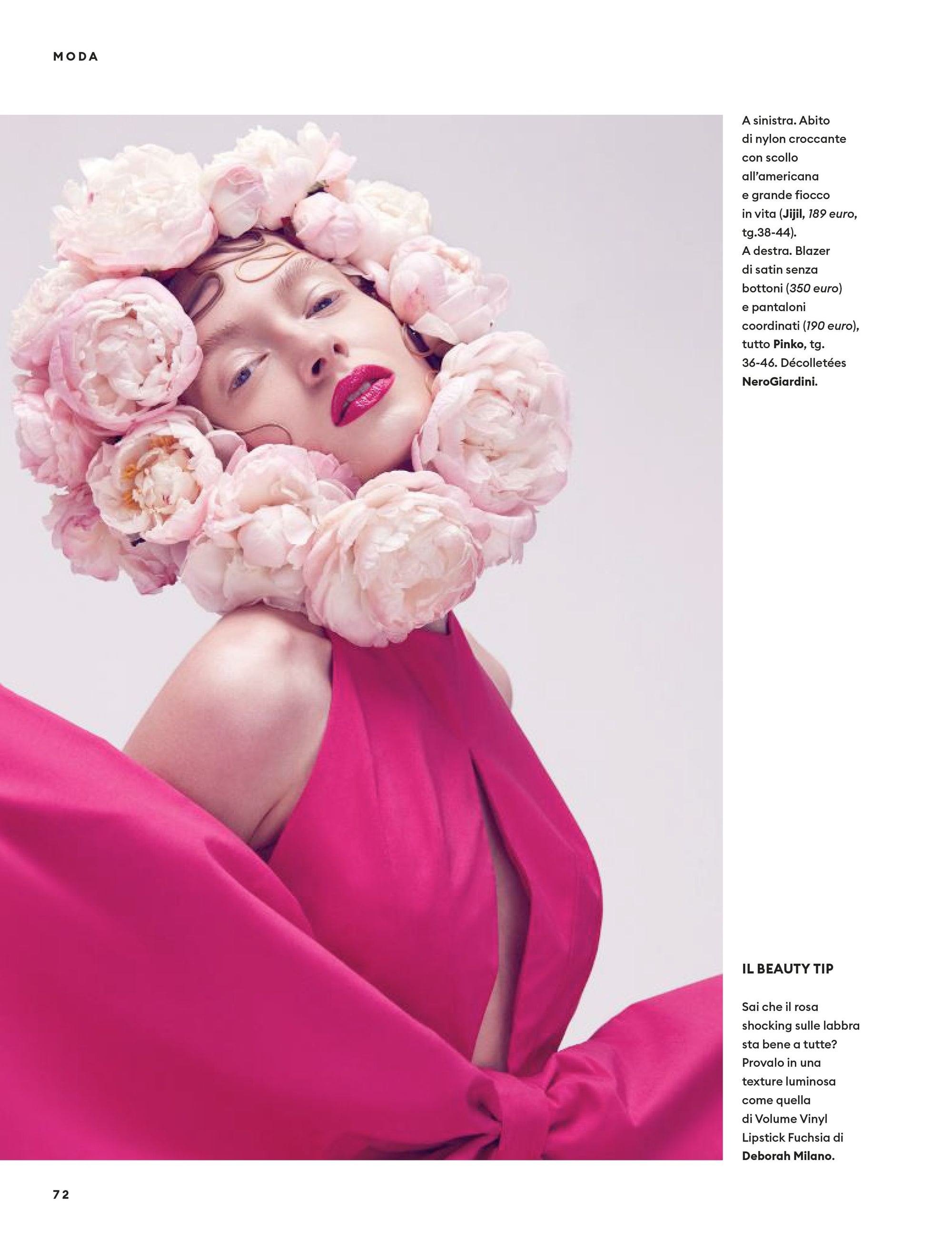 Magazine page: beauty editorial with a crown of pale pink peonies and a fuchsia dress